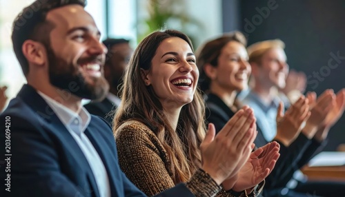 Smiling professionals applauding keynote speaker at business event.