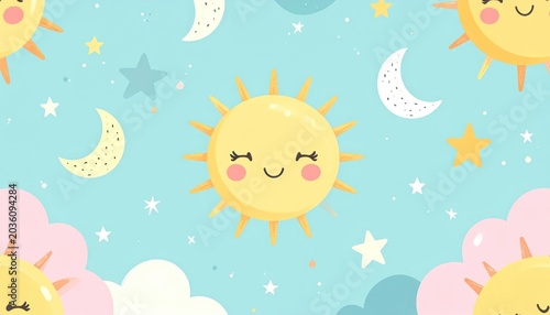 Smiling sun moon stars pastel blue nursery seamless pattern.