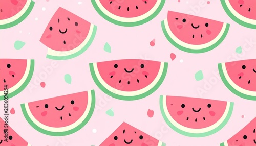 Smiling watermelon slices pattern with small hearts.