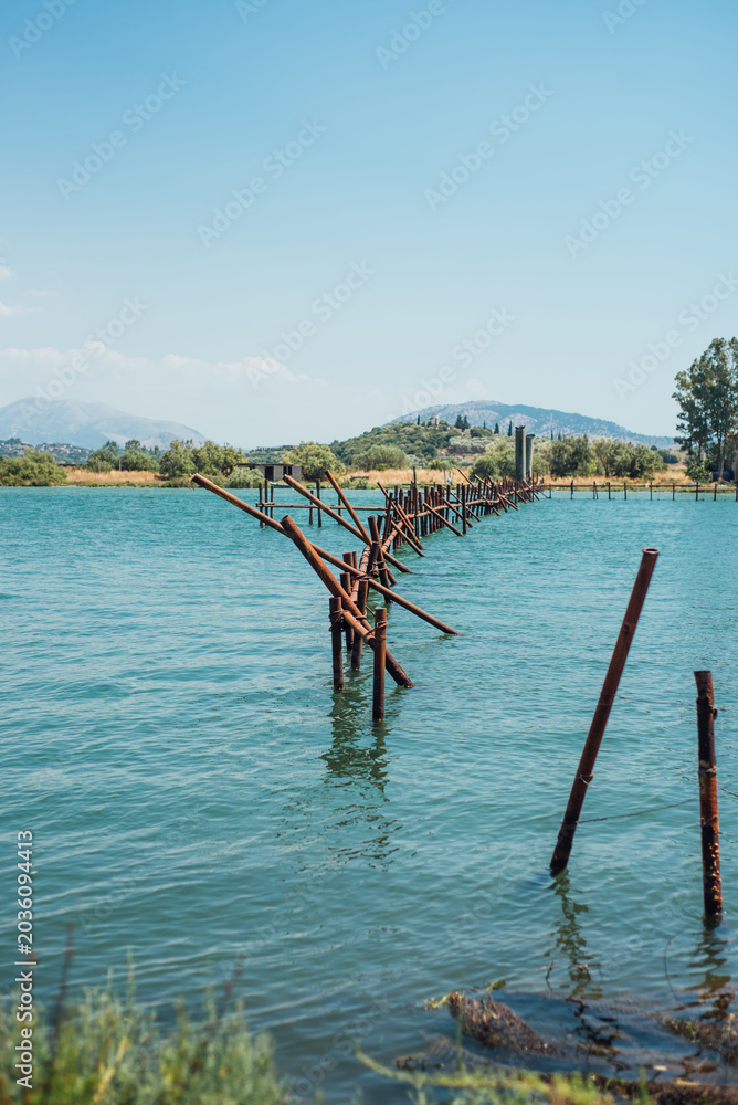 Obraz premium Historic fishing installation on Lake Butrint in Albania