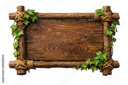 Rustic Wooden Sign Board with Log Frame and Green Ivy Vines, Natural Wood Plaque with Rope Details for Game UI or Garden Notice, Isolated on White 3D Digital Illustration