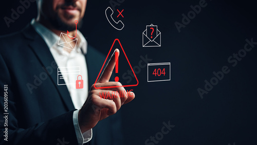 Schilderij op canvas Scam call sms message with warning symbols on a digital interface in dark backgr