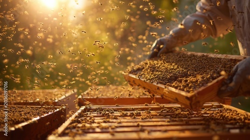 beekeeper inspecting honeycomb frames surrounded by thousands of bees, golden sunlight, detailed macro textures, documentary photography, realistic