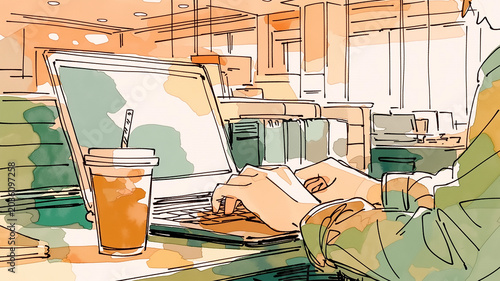 ノートパソコンを使って仕事をする手書き風イラスト。自宅や職場で働く人物を親しみやすく描いた、ナチュラルで使いやすいビジネス素材。リモートワーク、在宅ワーク、テレワーク、オンライン会議、事務作業、デスクワーク、オフィスワーク、会社員、フリーランス、勤務、仕事風景、人物、シンプル、線画、挿絵、広告、ブログ、SNS、資料、チラシ、バナー、Webコンテンツに便利なイメージ素材