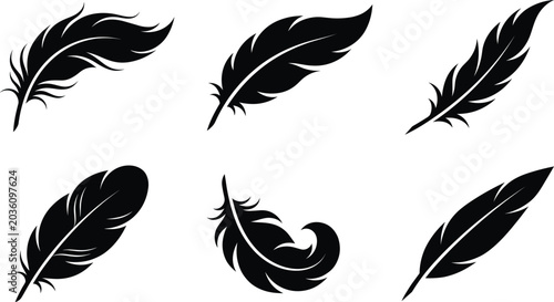 Schilderij op canvas Elegant collection of black feather silhouettes featuring various bird plume shapes for creative writing literature calligraphy and vintage quill pen graphic designs