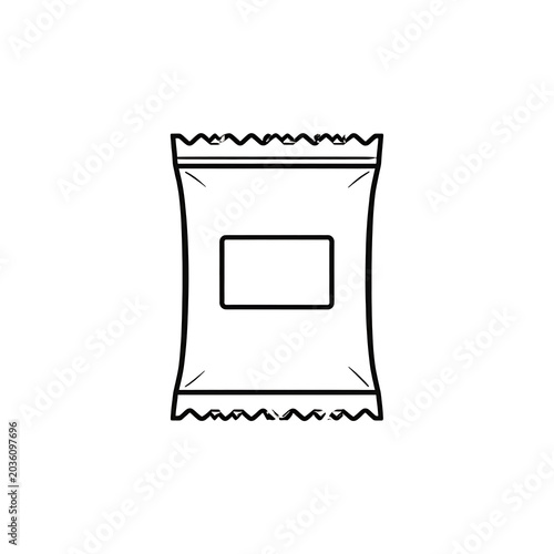 Isolated outline of a foil packet or candy wrapper with a blank label area, simple line art for packaging design or confectionery branding