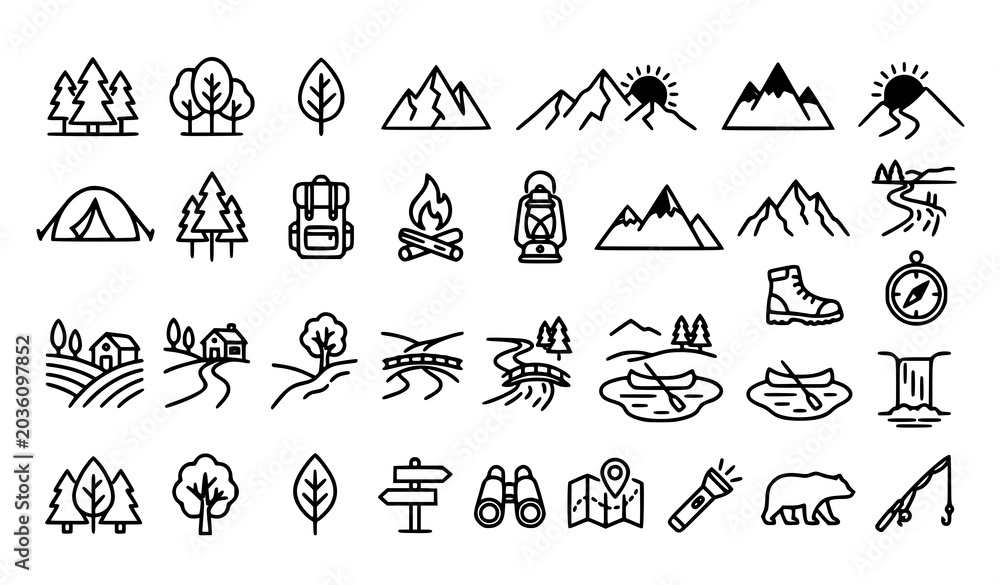 Naklejka premium Nature landscape icon collection vector thin outline camping design