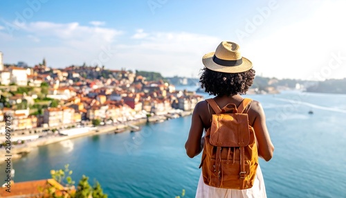 Young Female Traveler Admiring Riverside Cityscape From Scenic Overlook