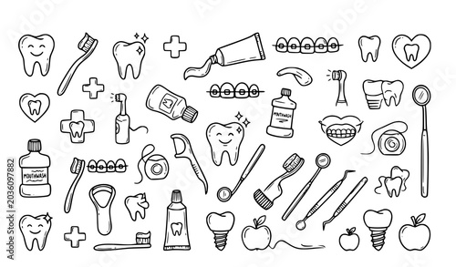 Tableau sur toile Hand drawn dental care doodle icon set with tooth toothbrush mouthwash and ortho