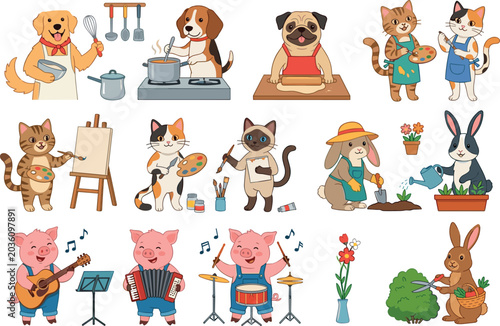 Foto Cute Cartoon Animals Vector Set Featuring Domestic Pets Cooking Painting Gardeni