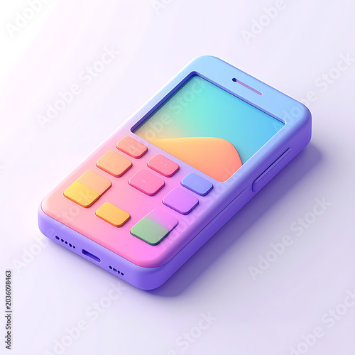 Isolated pastel colored mobile phone with colorful buttons and screen display on a light gradient background, modern device design