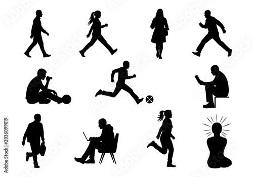 Black Silhouettes of People Engaged in Various Activities on White Background