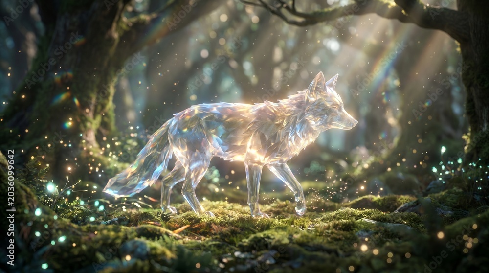 Fototapeta premium A radiant crystal fox-like spirit animal traverses a mystical, enchanted forest filled with shimmering light and magical dust, evoking a sense of wonder and fantasy
