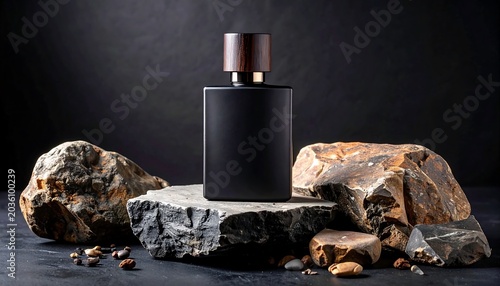 Matte Black Perfume Bottle Displayed on Natural Stone in Dark Studio Setting