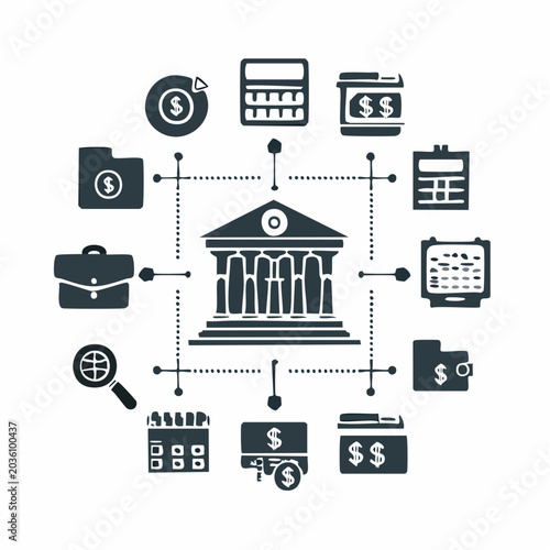 Banking and Fintech Glyph Icon Set, Monochrome Finance Business Vector Symbols