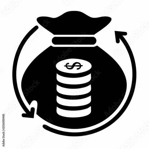 Money Bag Investment Icon Vector, Financial Wealth Growth Symbol Monochrome Business Illustration