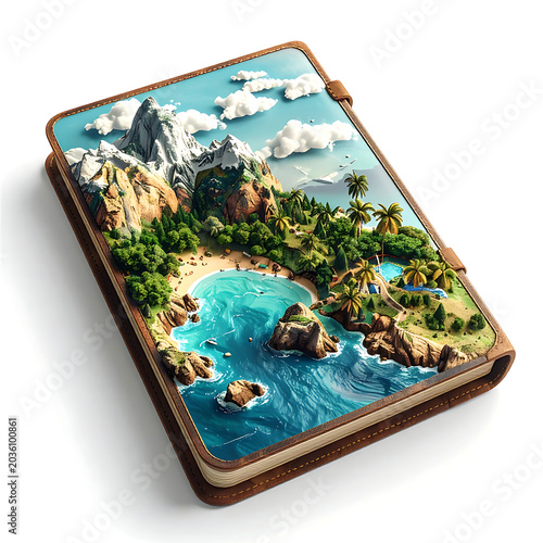 Open book displaying a vibrant tropical island landscape with a beach, ocean, mountains, and palm trees, storytelling, adventure, vacation concept