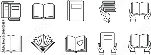 Foto Book And Reading Outline Icon Set Featuring Open Books Stacked Literature And Ed
