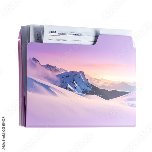 Open file folder displaying a serene snow-capped mountain range at sunset with soft pastel clouds, lilac folder, useful for organizing documents or digital data storage