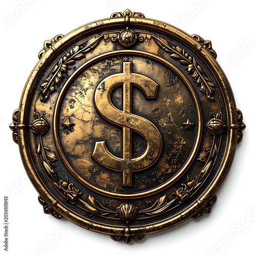 ornate golden dollar coin emblem, antique currency symbol, treasury award, luxury finance, wealth concept, valuable treasure, rich metallic texture, detailed relief