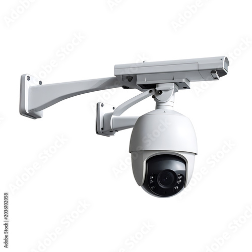 Outdoor surveillance camera with pan tilt zoom capabilities mounted on a wall bracket, security system element