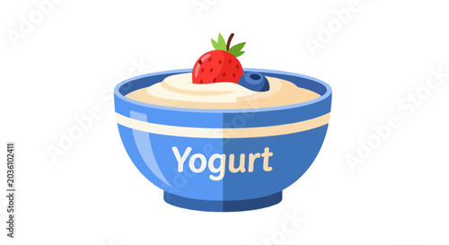 Fresh yogurt with strawberries and blueberry in blue bowls