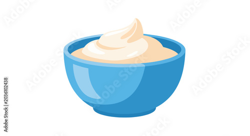 Creamy yogurt or whipped cream in blue bowls