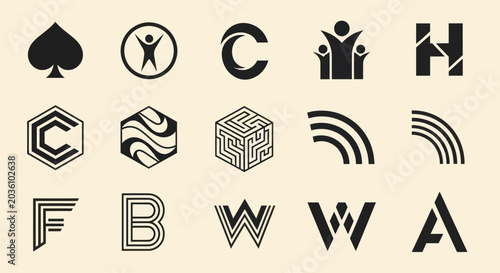 Collection of modern logos and icons, abstract shapes, letters, and symbols
