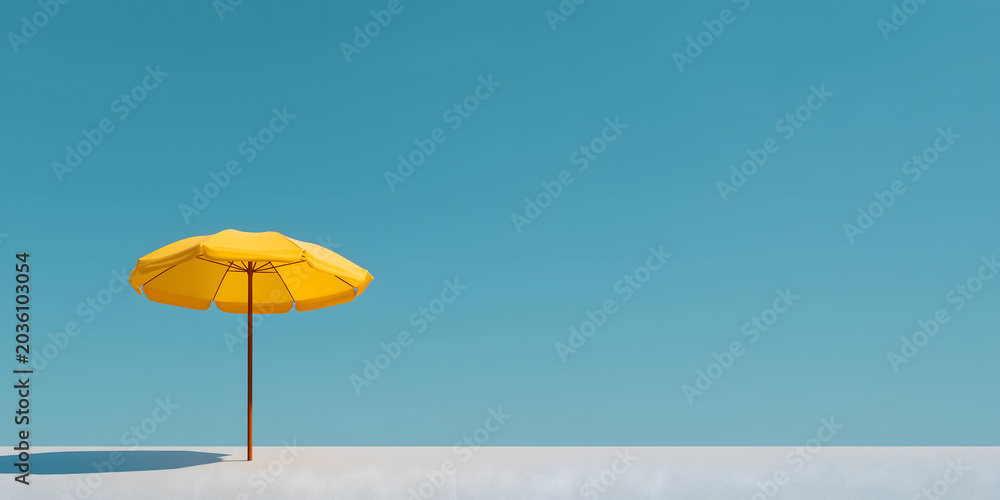 Fototapeta premium Yellow Beach Umbrella on White Sand Against Bright Blue Sky