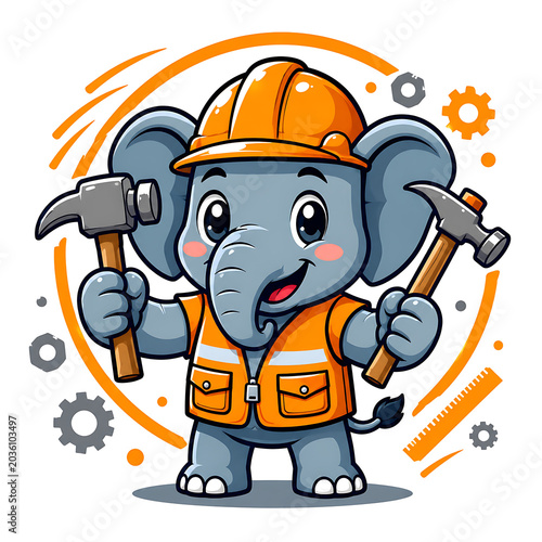 elephant builder mascot holding hammer with safety helmet gear emblem