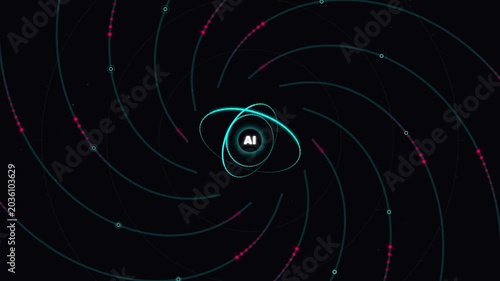 Abstract digital background with ai text in the center and swirling glowing particles