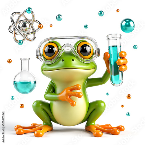 cute frog scientist holding test tube with chemistry elements