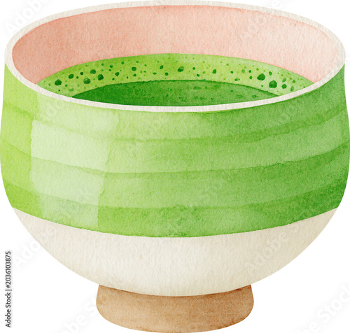 Watercolor illustration of a matcha tea bowl isolated on transparent background.