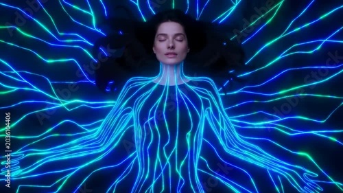 Serene Woman With Glowing Lines. Futuristic Woman Glowing Softly During Calming Meditation Session