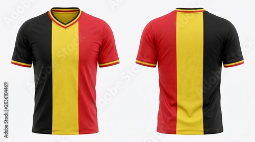 Soccer jersey design template with belgium flag colors isolated on white background
