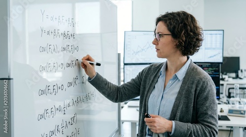 Data Scientist or Professor Writing Complex Mathematical Equations on a Whiteboard in a Modern Office or Classroom Setting