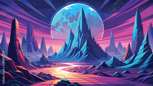 Photos Dramatic mountain range landscape with a large blue planet in a vibrant stylized