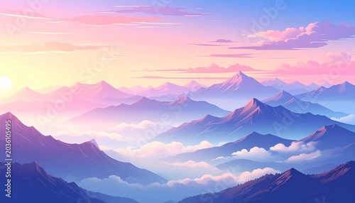 A breathtaking morning panorama of the misty Alps valley at sunrise, where snow-covered mountain peaks rise above a blanket of fog and forest under a dramatic sky