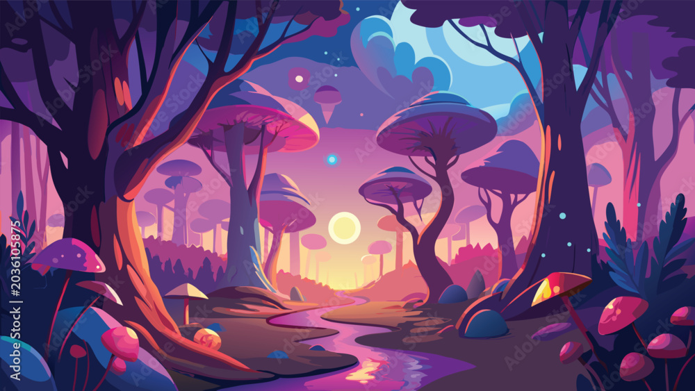 Obraz premium Enchanted forest scene with stylized trees and glowing mushrooms a vibrant vector illustration woods mushroom fungi vegetation landscape nature digital