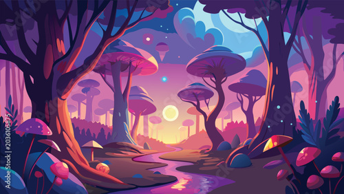 Tableau sur toile Enchanted forest scene with stylized trees and glowing mushrooms a vibrant vecto