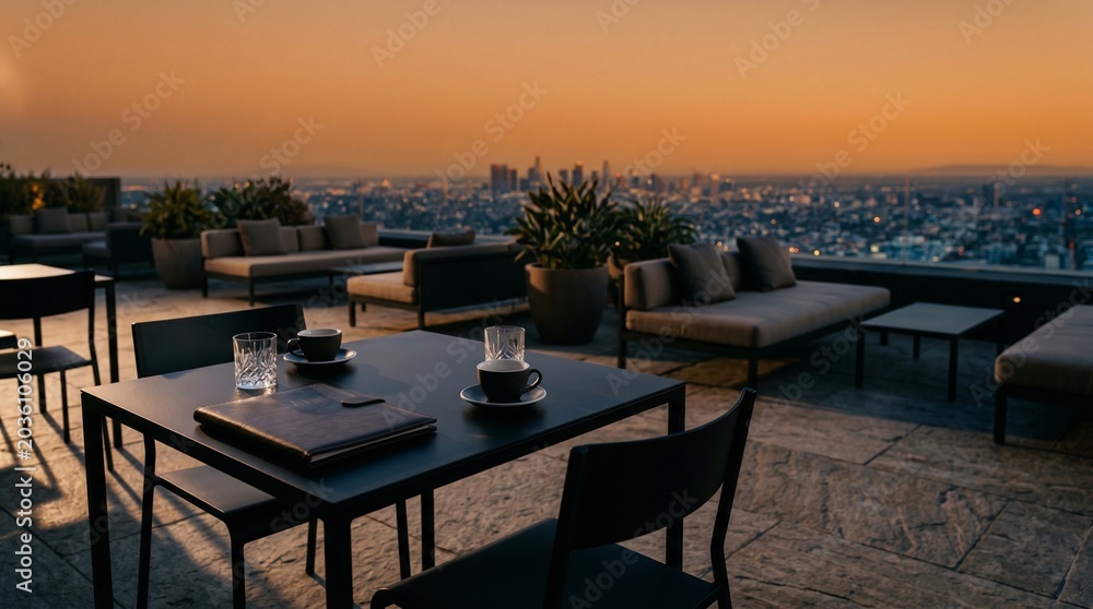 Fototapeta premium Modern rooftop lounge table with coffee cups overlooking city skyline at sunset.