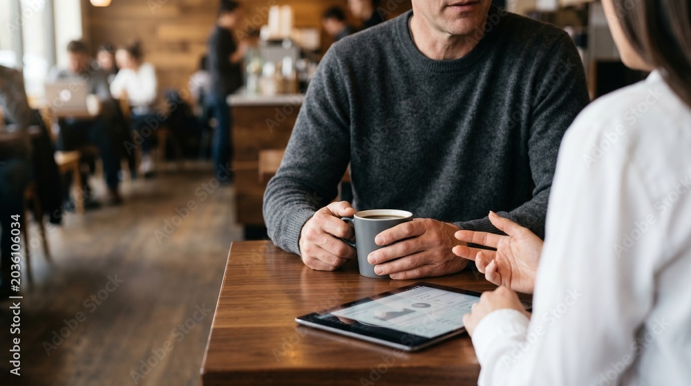 Fototapeta premium Business colleagues collaborating with digital tablet in modern cafe.