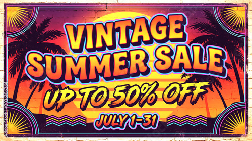 Vintage summer sale poster with palm trees and sunset gradient background