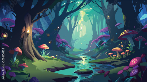Konstfotografi Enchanted forest scene with glowing mushrooms and a small stream a digital vecto
