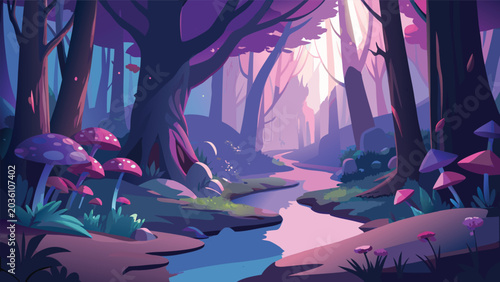 Tableau sur toile Enchanted forest scene with glowing mushrooms and winding stream a vibrant vecto