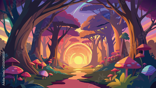 Enchanted forest scene with stylized trees and colorful mushrooms a vibrant vector illustration woodland digital art fantasy nature scenic whimsical