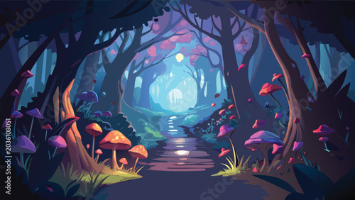 Konstfotografi Enchanted forest scene with glowing mushrooms and a winding path digitally creat