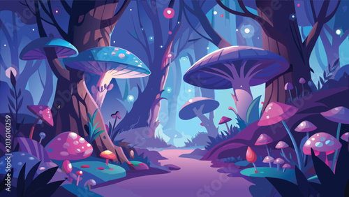 Foto Fantasy forest scene with glowing mushrooms and winding path a vibrant vector il