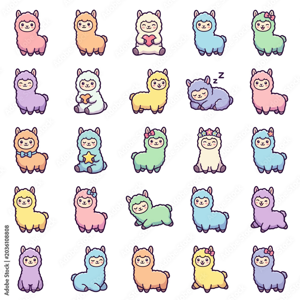 Naklejka premium Cute alpaca and llama characters with fluffy wool and accessories