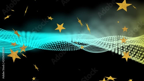 Cyan-to-yellow dot ribbon appearing, undulating as gold stars drifting and layering, creating depth